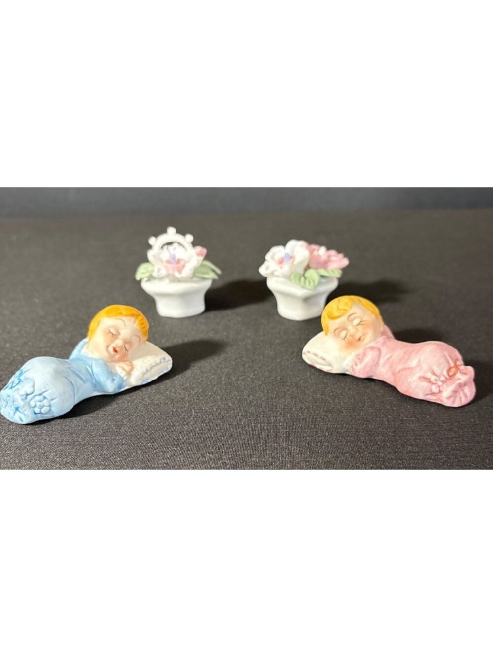 Vintage Sleeping Baby Boy & Girl Floral Basket Porcelain Figurines Party Cake - Picture 8 of 15